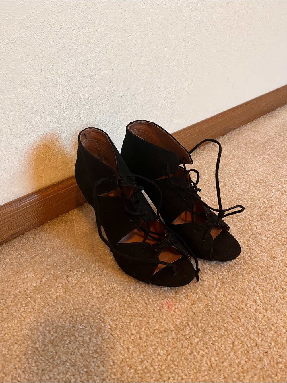 Madeline Black Suede Lace-Up Peep Toe Heels